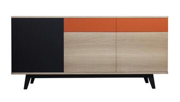 91172_Buffet cooper 3 portes 2 tiroirs push pull chêne blanchi laqué orange bois massif made in Bretagne sur mesure personnalisable