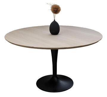 B1919_table ronde  chêne blanchi bois massif bord biseauté pied métal tulipe noir made in france sur mesure PIROTAIS