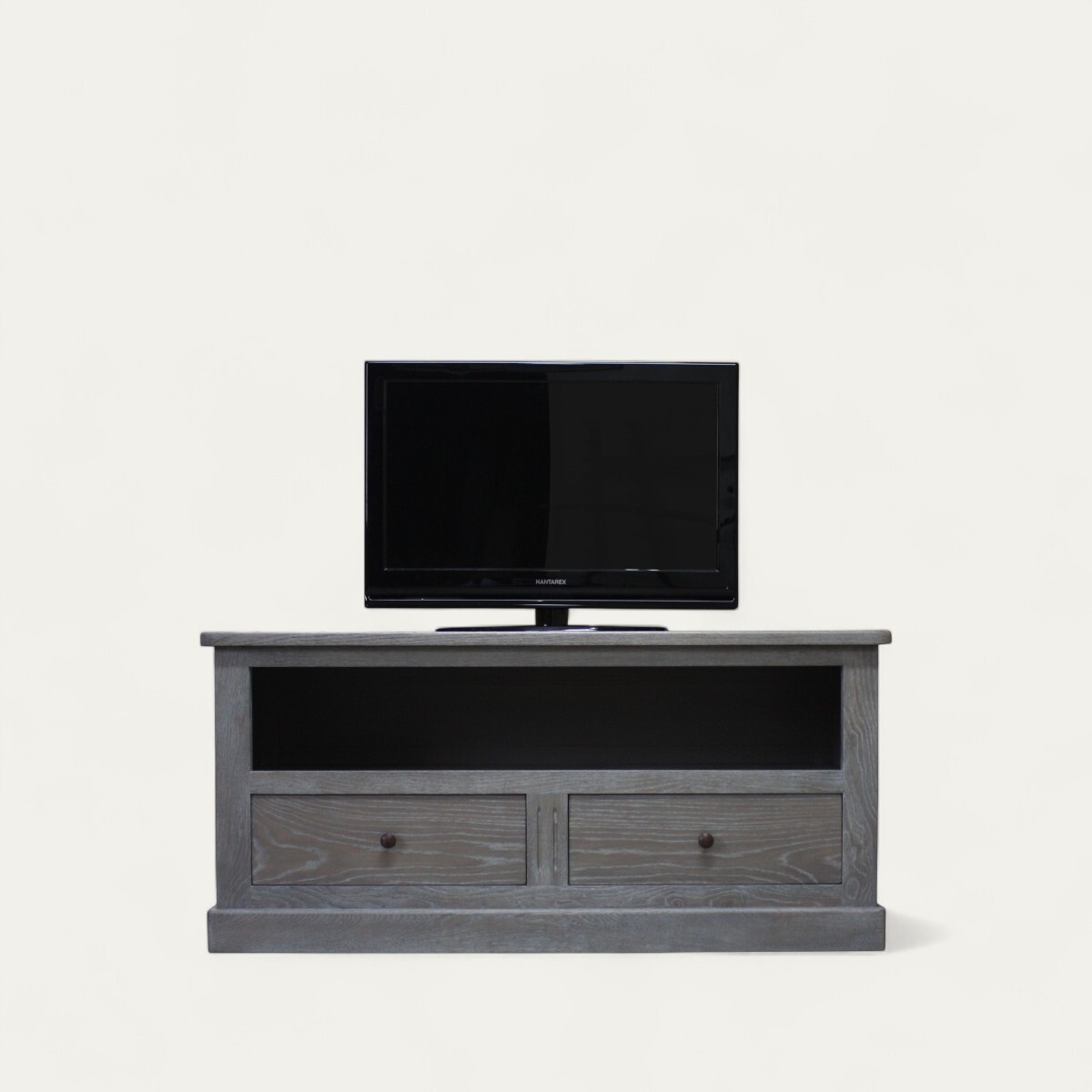02240_buffet TV création roma chêne défibré flotté 2 tiroirs 1 niche dessus débordant socle plinthe made in bretagne