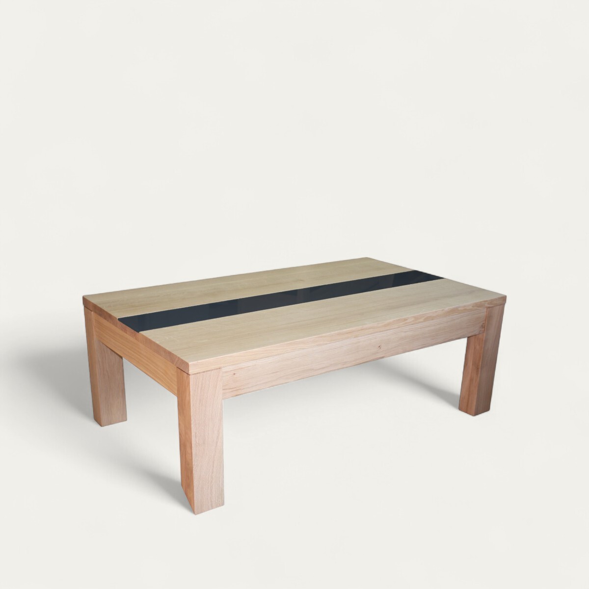 12561 table basse Création chêne blanchi chemin de table en verre laqué noir made in France sur mesure