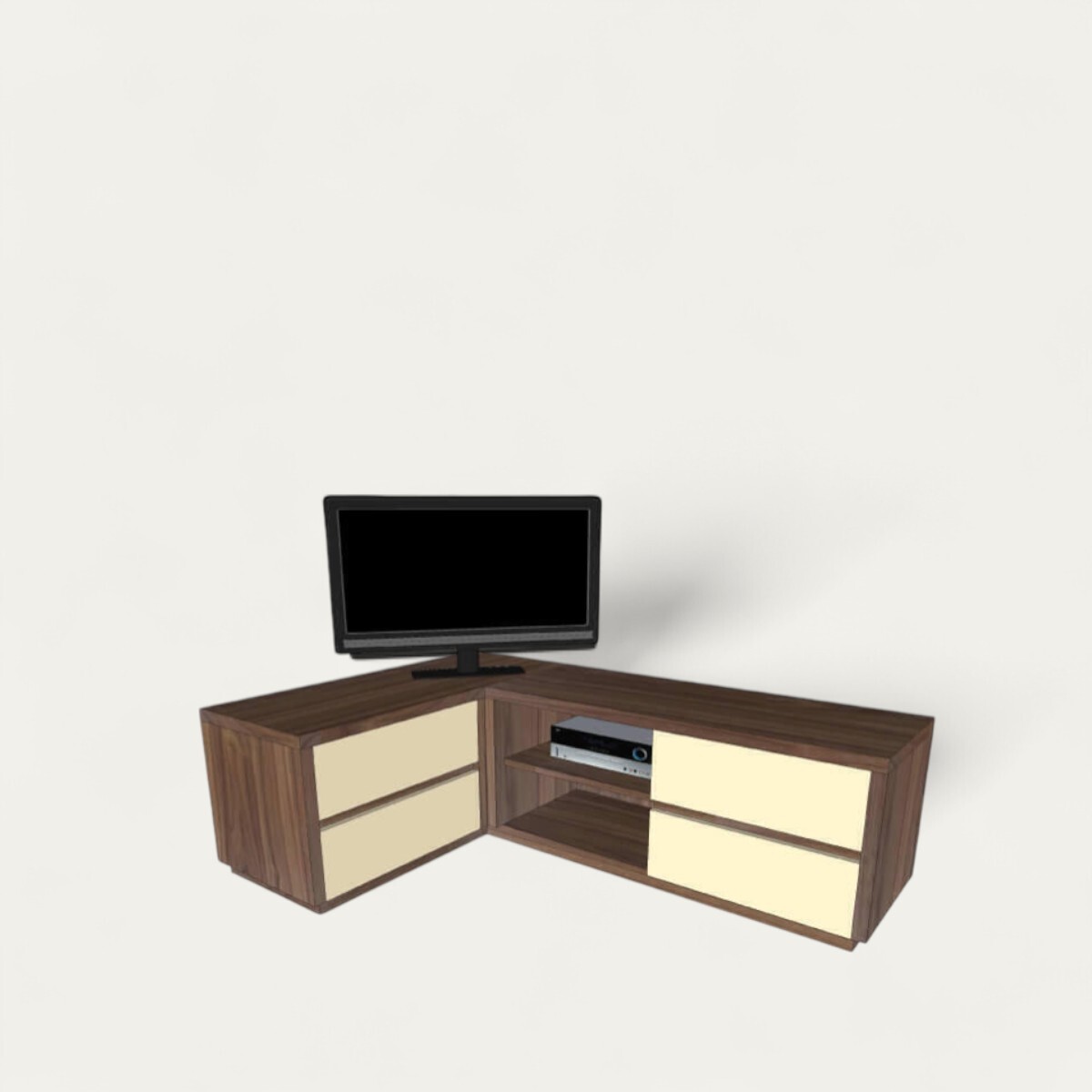 22270a-meuble tv en angle 4 tiroirs noyer naturel laque vanille sur mesure