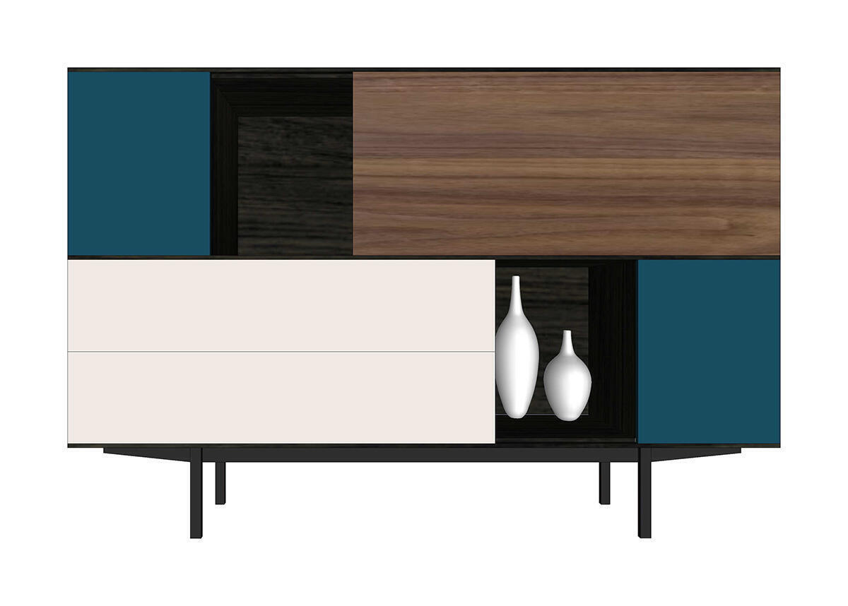 41300_Vaisselier 2 portes 2 niches 2 tiroirs 1 abattant SLIM tourterelle bleu nuit wengé noir noyer naturel pied bateau made in bretagne sur mesure