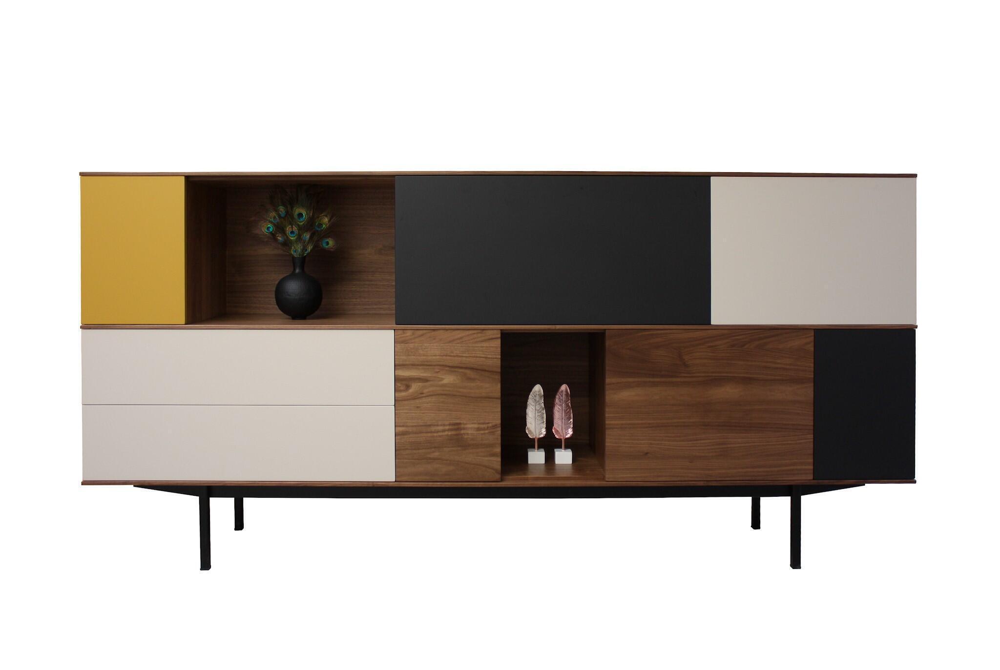 41315_vaisselier 5 portes 2 niches 1 abattant 2 tiroirs noyer naturel bois massif laqué jaune moutarde tourterelle balustrade pied métl bateau design fabrication sur mesure bretagne pirotais
