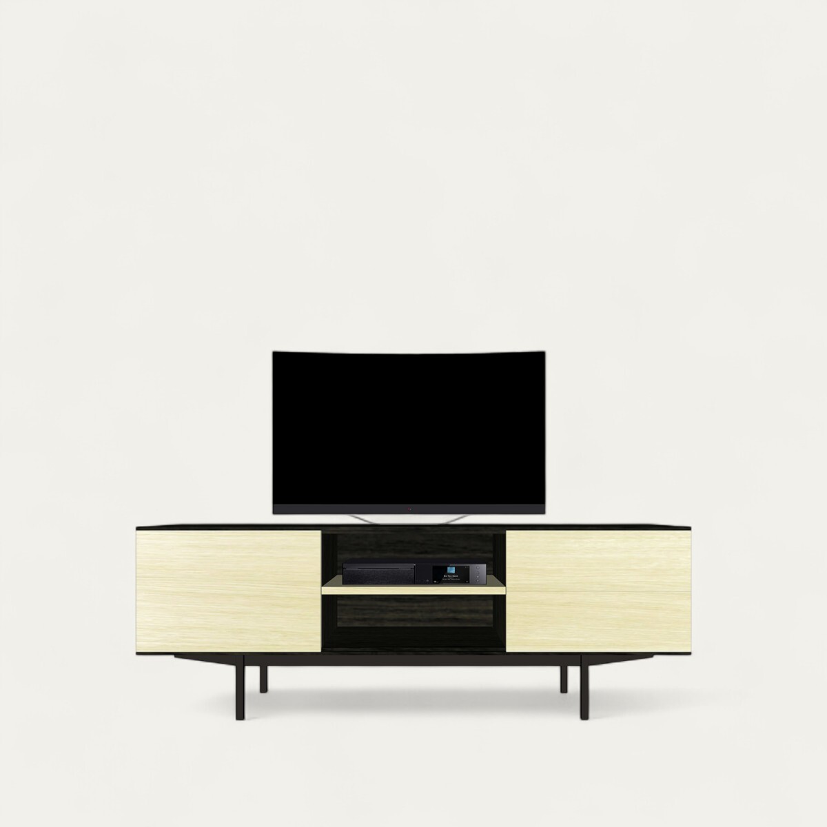 42265_BUFFET TV 1 porte coulissante 2 tiroirs push pull_SLIM chêne blanchi et wengé noir pied bateau métal sur mesure made in bretagne pirotais meubles