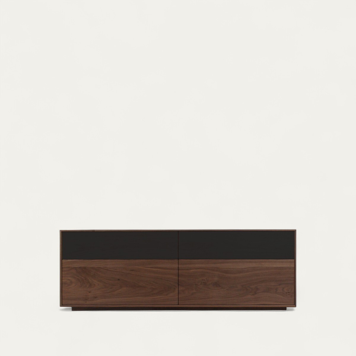 42271_Buffet TV 4 tiroirs noyer naturel bois massif et laqué balustrade socle en retrait design épuré moderne fabriqué en France Pirotais