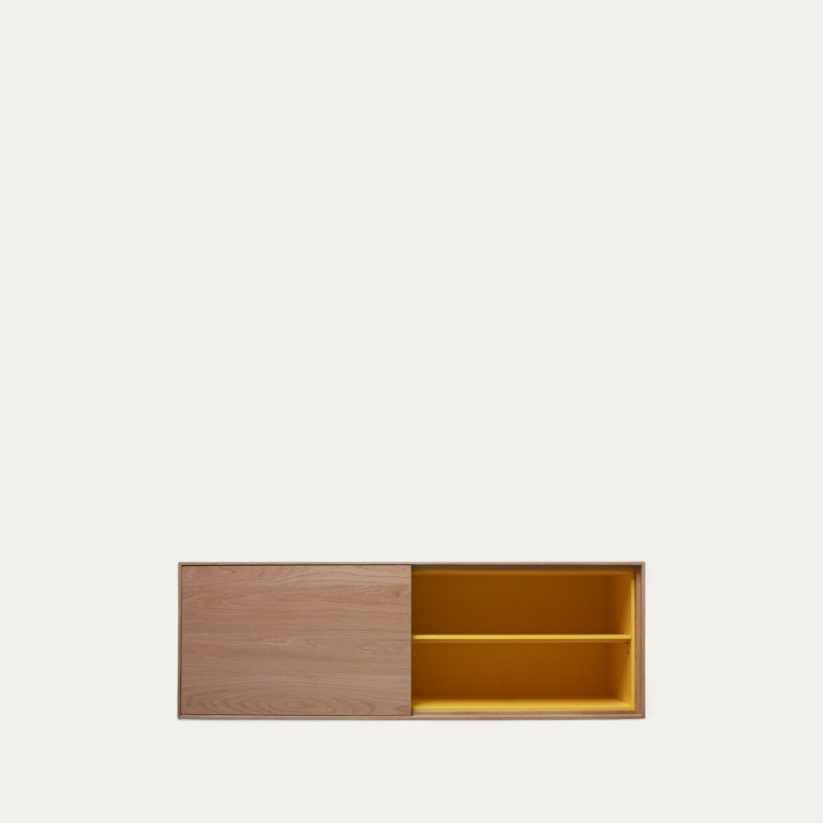42274_Buffet TV 1 porte 1 niche étagères réglables sur crémaillères bois et taquets chêne blanchi laqué jaune genêt made in France