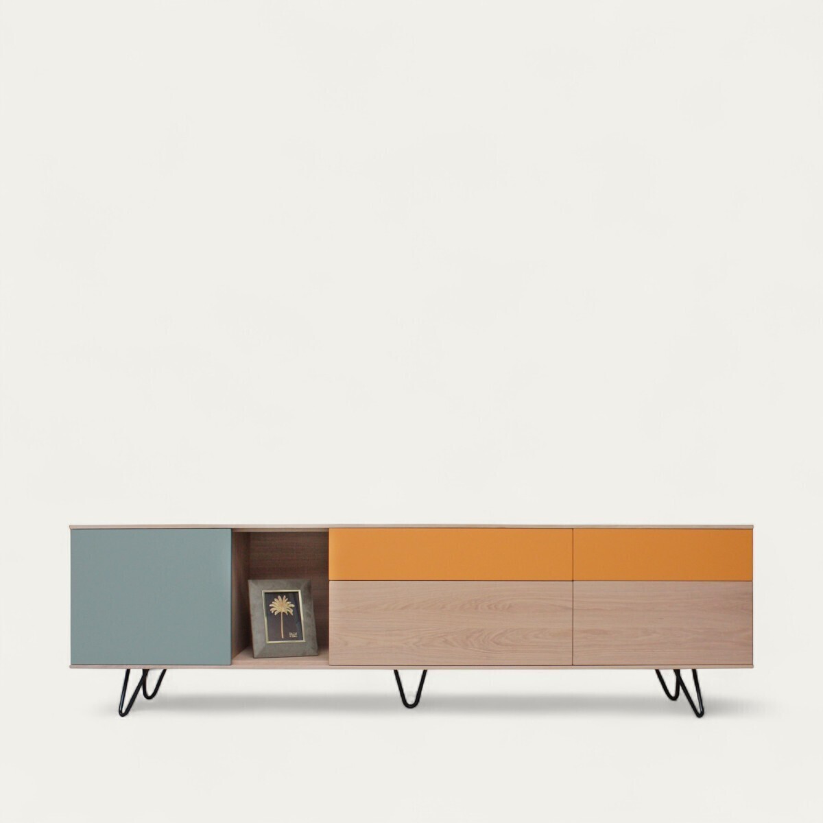 42282 Buffet TV SLIM pied épingle 2 portes 1 abattant 1 tiroir 1 niche chêne blanchi laqué vert sauge lichen oxydé sur mesure made in france