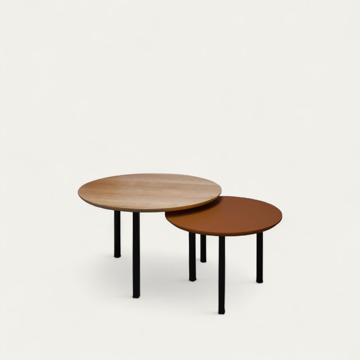 42521&42526_Table basse ronde gigogne chêne blanchi bois massif et laqué terracota pied carré métal noir-