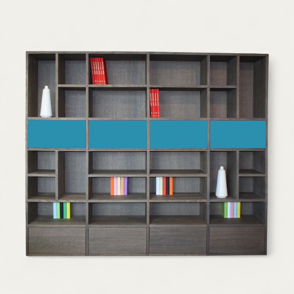 51450_bibliothèque chêne flotté massif 4 tiroirs 4 abattants sur mesure personnalisable fabrication française