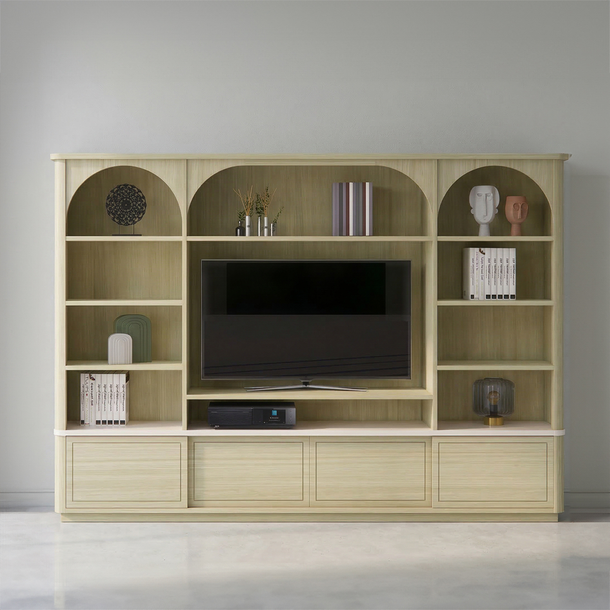 D1480 Composition bibliothèque TV Chêne blanchi massif plateau laqué blanc portes coulissantes arches angles arrondis made in Bretagne sur mesure personnalisable
