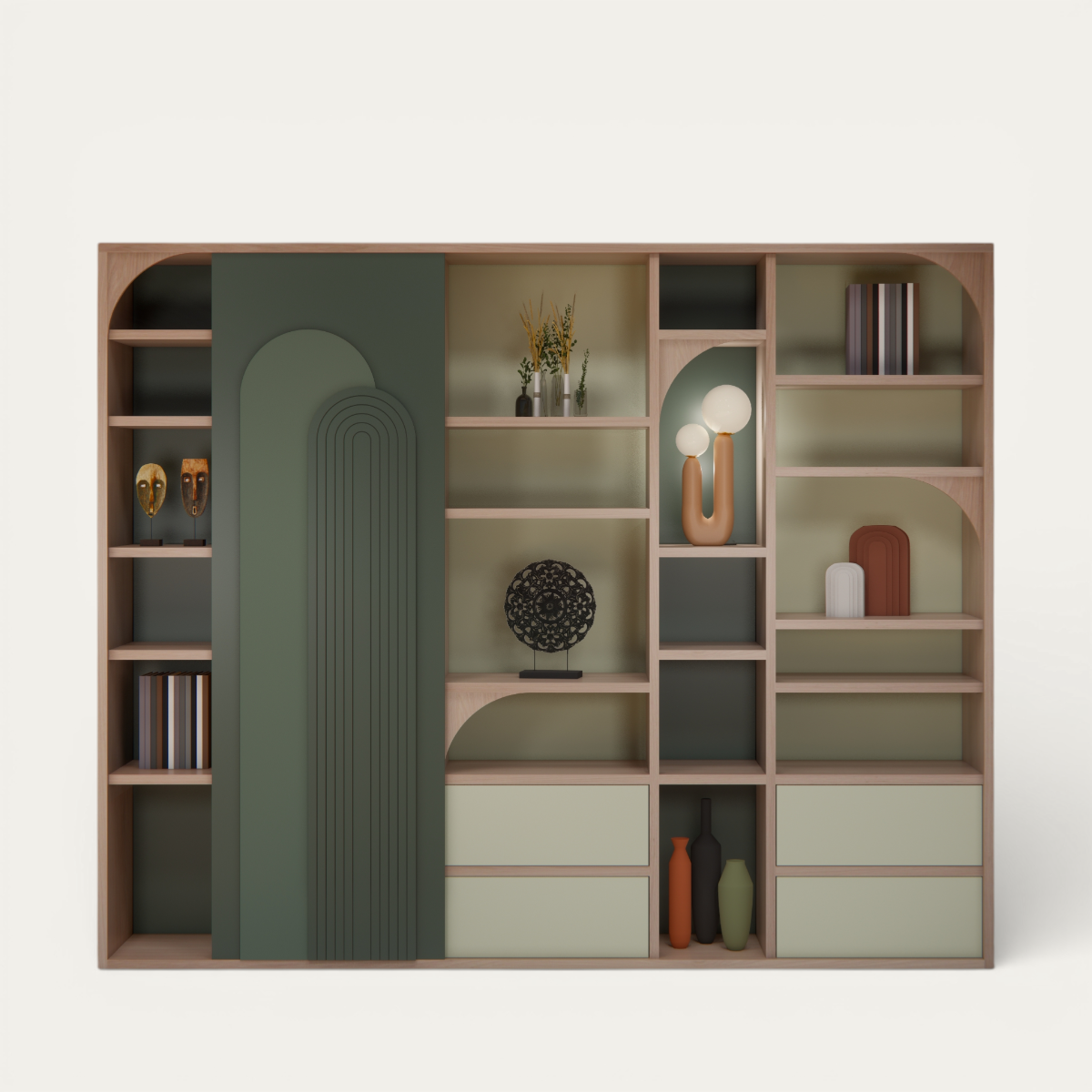 52440_Composition murale 1 pan coulissant décor arche 4 tiroirs chêne blanchi laqué vert Egypte sauge et ivoire sur mesure made in bretagne