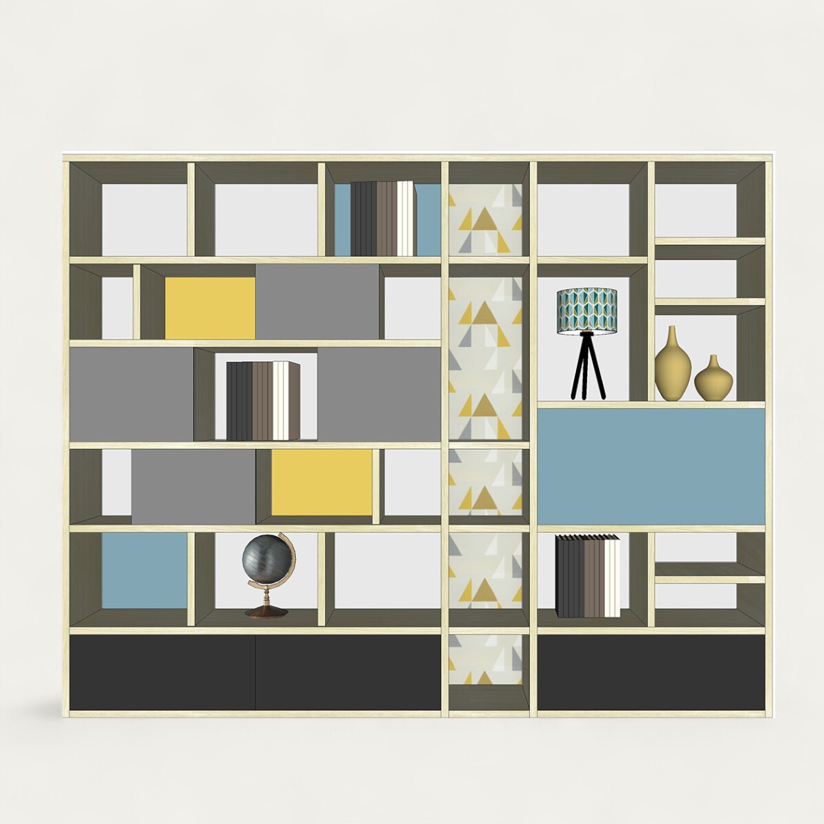 52445_COMPOSITION MURALE 3 tiroirs 4 portes coulissantes 1 abattant sectétaire_chên blanchi laqué gris pavillon gris plomb stone blue papier peint sur mesure personnalisable pirotais meubles