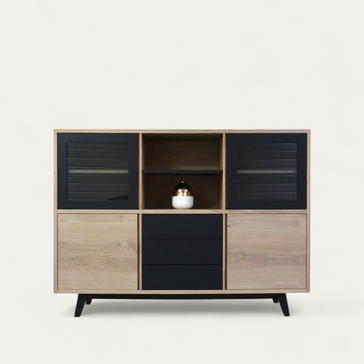 61464_buffet_bahutin_vitre_4_portes_3_tiroirs_1_vintage_retro_annee_50_scandinave_personnalisable_sur_mesure_chene_blanchi_bois_massif_et_laque_noir_fabrique_en_france