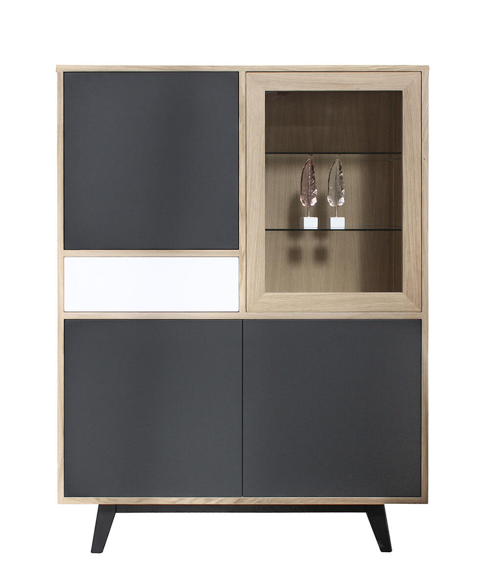 61483_buffet vitrine chêne blanchi laqué blanc gris acier porte et tiroir push pull pied slim étagères réglables bois made in bretagne personnalisable