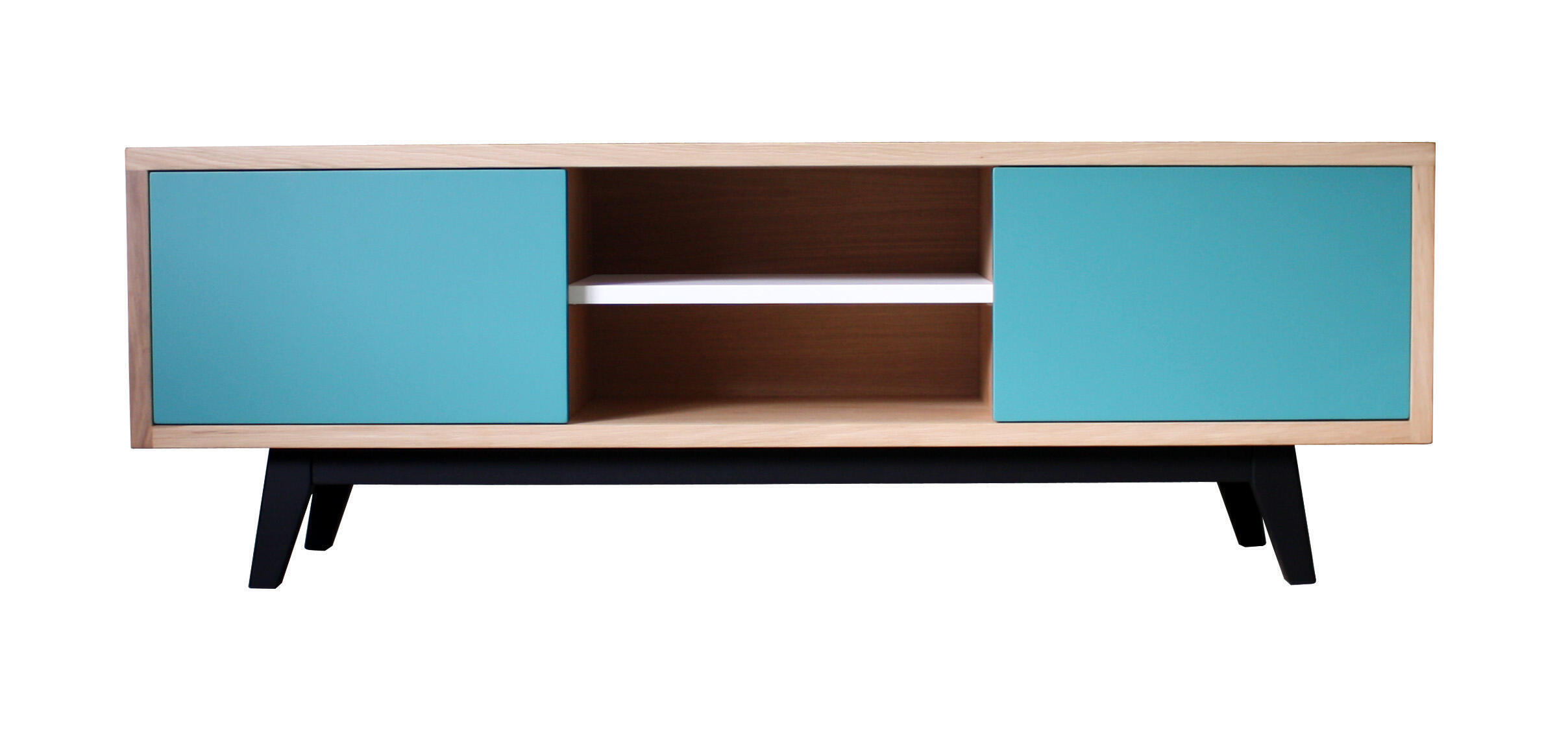 62260 Meuble TV Chêne sur mesure laqué bleu canard et blanc