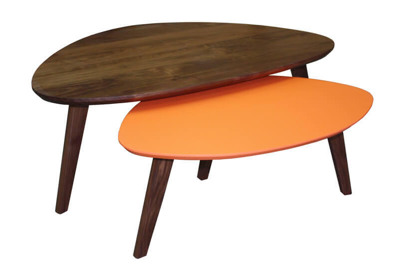 62520_62525 Tables basses  gigognes tripode collection Vintage retro année 50 scandinave noyer naturel bois massif et laqué coloré orange