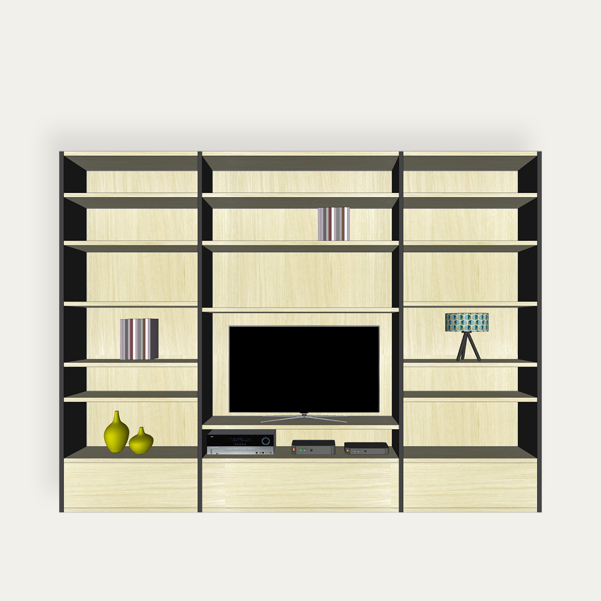 7000_Composition Murale bibliothèque meuble TV 3 tiroirs_ Atelier Chene blanchi &amp; métal Laqué noir style industriel bois massif fabriqué en France sur mesure pirotais