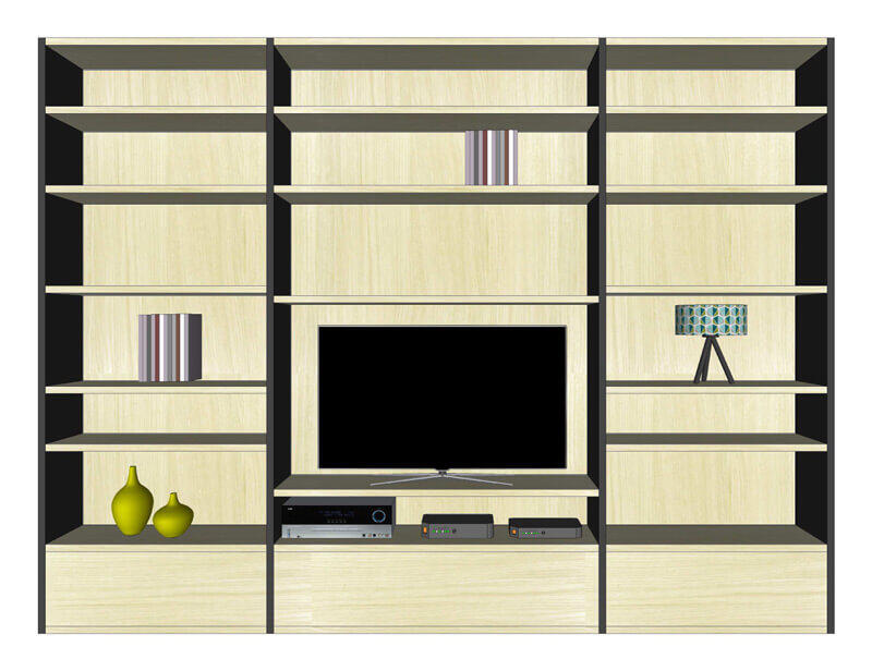 7000_Composition Murale bibliothèque meuble TV 3 tiroirs_ Atelier Chene blanchi & métal Laqué noir style industriel bois massif fabriqué en France sur mesure pirotais meubles