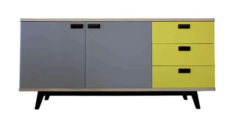 91162_Buffet 2 portes 3 tiroirs DOLCE COOPER en arrondi chêne blanchi et laqué jaune gris taupe sur mesure style vintage retro année 50 bois massif pirotais poignée et pieds noir