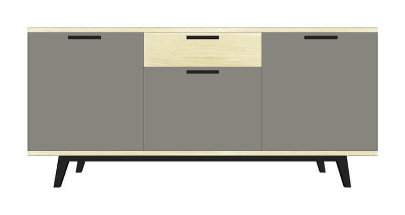 91265_Buffet 3 portes 1 tiroir avec poignées  chêne blanchi wengé noir laqué gris plomb collection cooper côtés arrondis style scandinave fabriqué en France pirotais