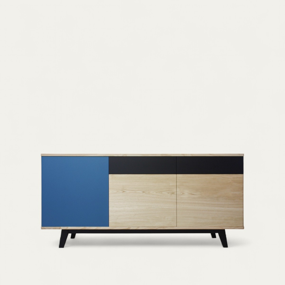 91172_Buffet cooper 3 portes 2 tiroirs push pull châtaignier blanchi laqué bleu cosy balustrade bois massif made in Bretagne sur mesure personnalisable