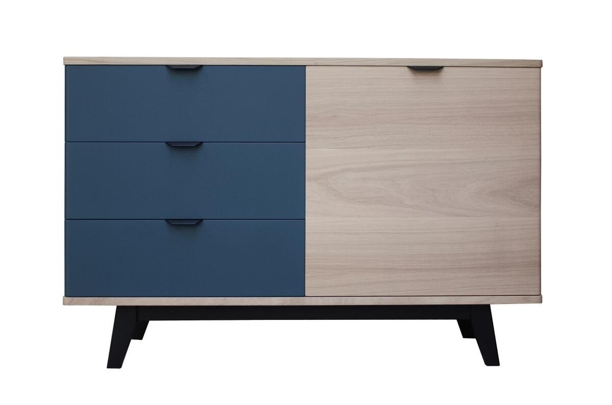 91254_Buffet 1 porte 3 tiroirs COOPER en arrondi chêne blanchi et bleu nuit sur mesure retro année 50 bois massif