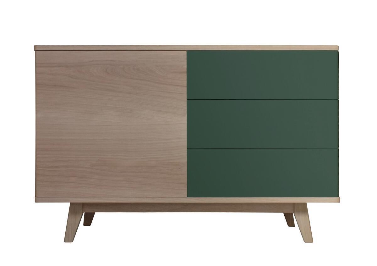 91254_Buffet 1 portes 3 tiroirs COOPER en arrondi chêne blanchi et vert Egypte sur mesure retro année 50 bois massif