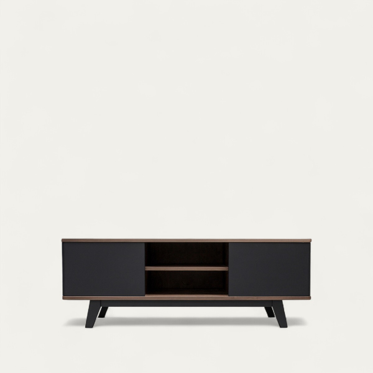 92260 Buffet TV 2 portes 1 niche noyer massif et laqué noir balustrade extra mat année 60 vintage fabricant français sur mesure pirotais