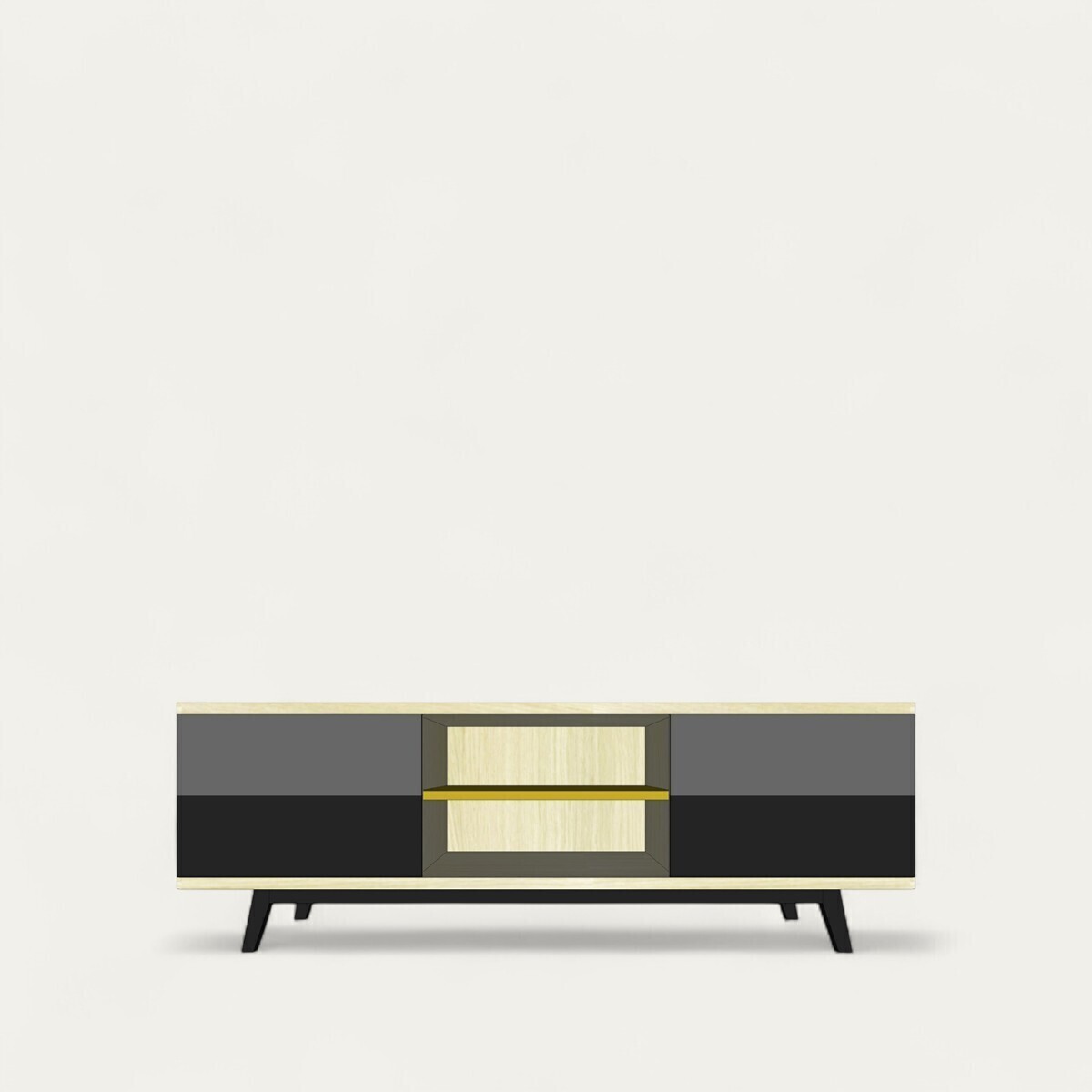 92270_Buffet TV cooper 4 tiroirs 1 niche chêne blanchi laqué gris jaune sur mesure personnalisable fabrication française artisanale pirotais
