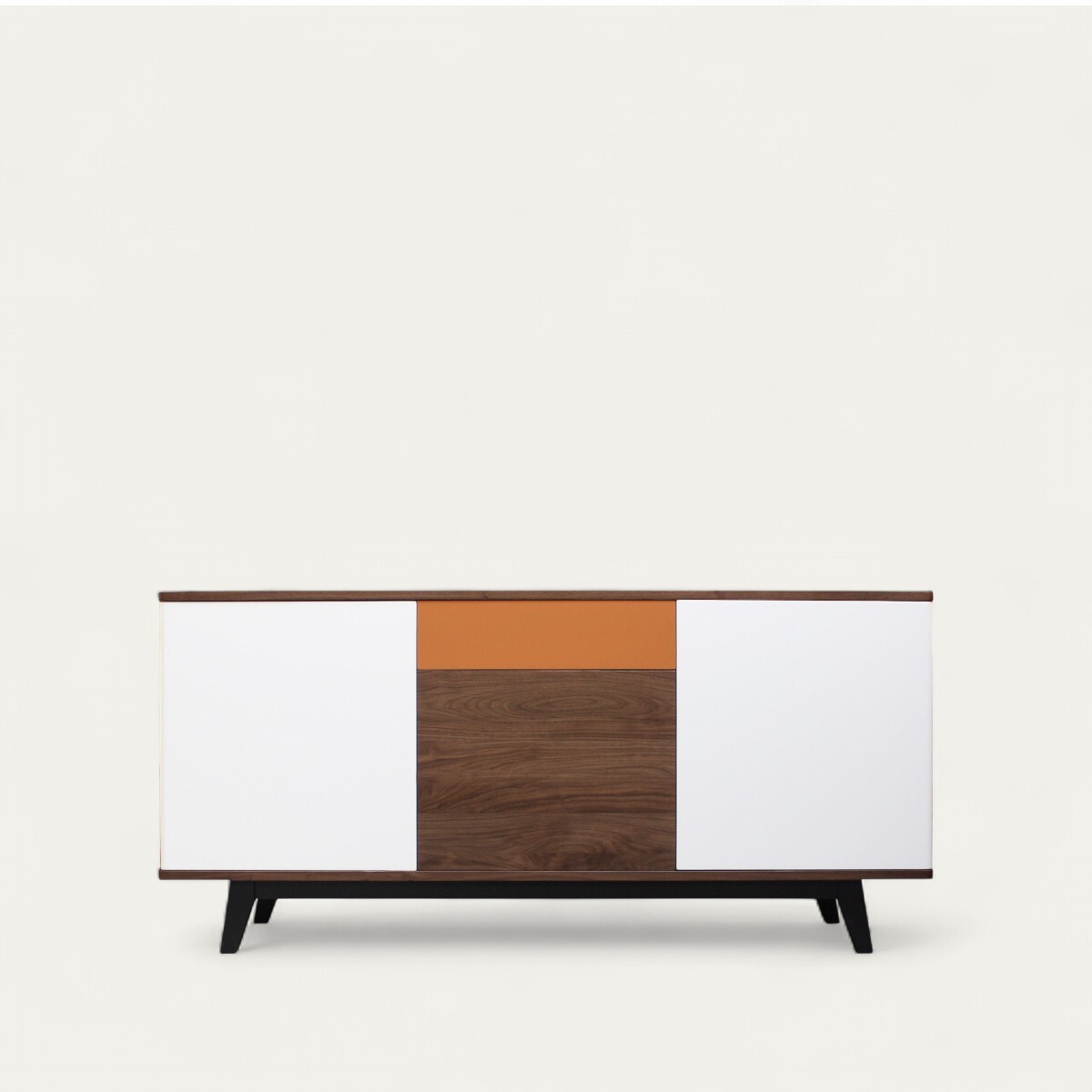 9265_Buffet cooper noyer et laqué blanc lichen oxydé 3 portes 1 tiroir push pull étagères réglables sur crémaillères bois sur mesure made in bretagne