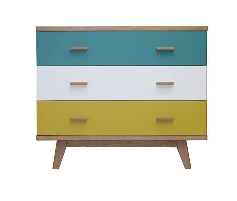 93361_Commode 3 tiroirs collection DOLCE COOPER en arrondi chêne blanchi et laqué jaune bleu canard blanc sur mesure style vintage retro année 50 bois massif pirotais