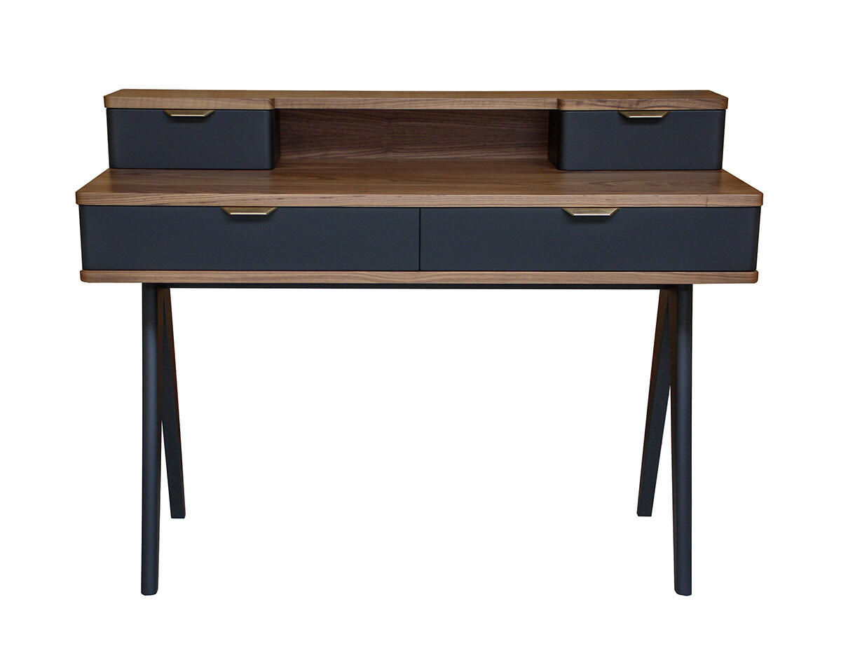 93420_Bureau noyer naturel bois massif et laqué balustrade pied compas tiroirs avec ralentisseurs sur mesure made in France Pirotais