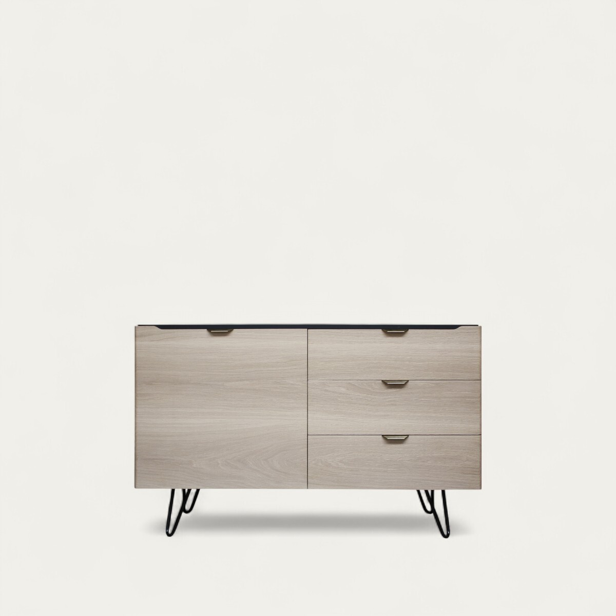 B1154_Buffet 1 portes 3 tiroirs ralentisseurs chêne blanchi bois massif laqué noir poignée dorée cuivrée pied métal épingle étagères bois fabrication française Rennes Avranches