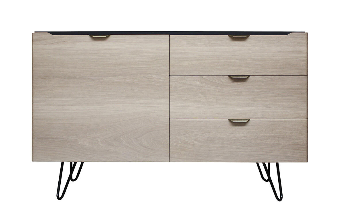 B1154_Buffet 1 portes 3 tiroirs ralentisseurs chêne blanchi bois massif laqué noir poignée dorée cuivrée pied métal épingle étagères bois fabrication française Rennes Avranches