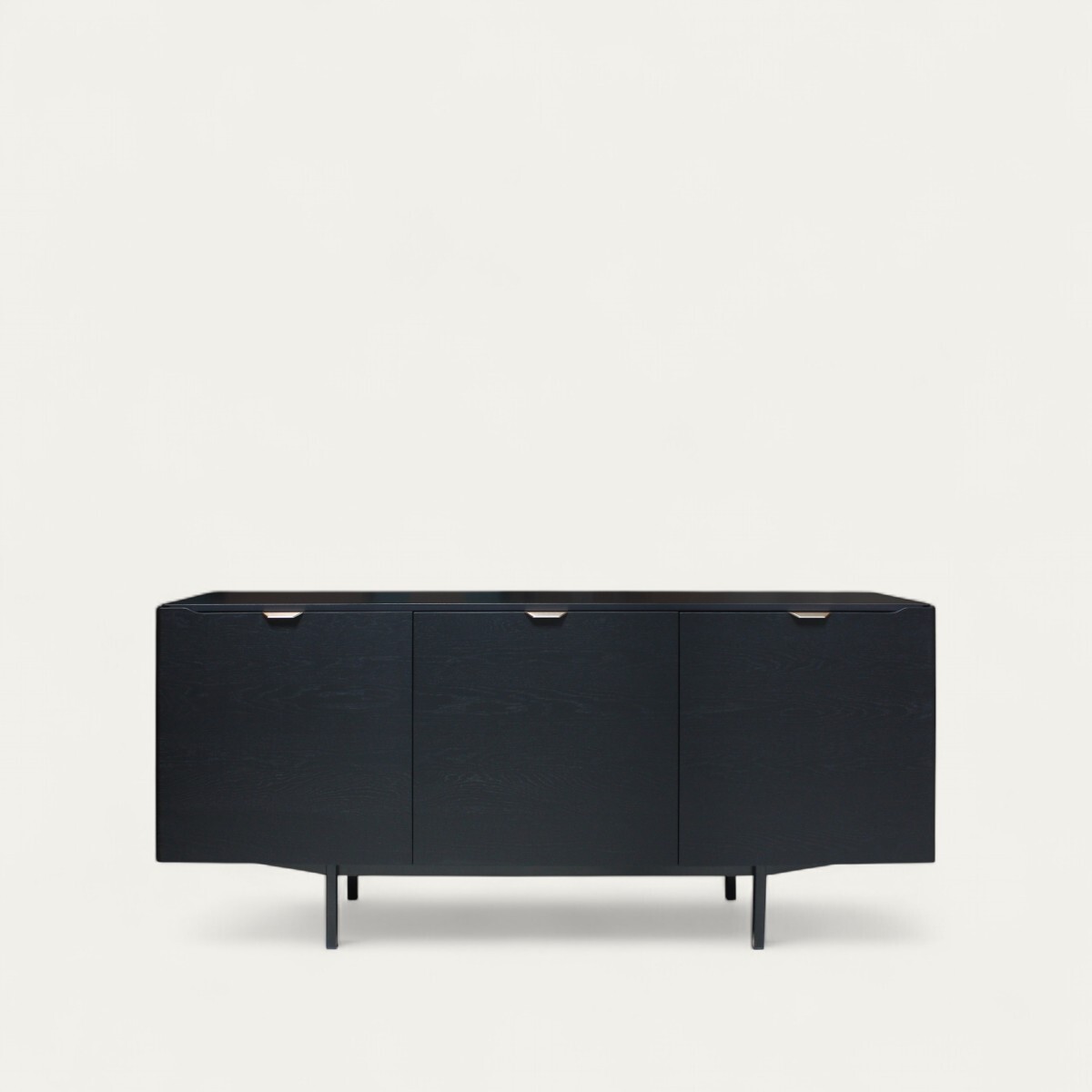 B1160_Buffet 3 portes ralentisseurs chêne wengé noir bois massif laqué noir poignée dorée cuivrée pied métal bateau étagères bois fabrication française Rennes