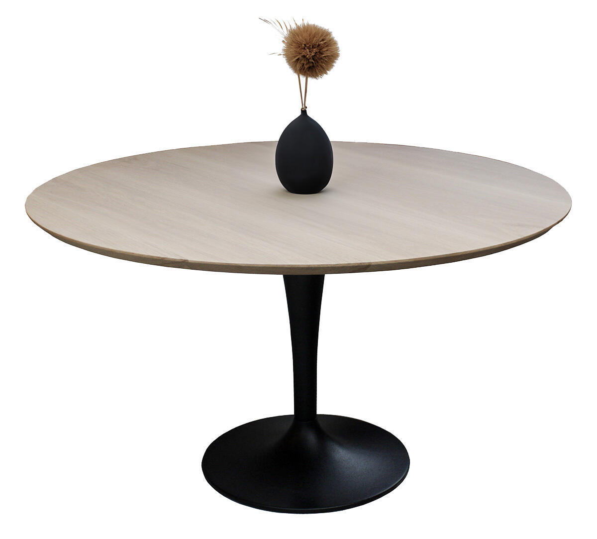 B1919_table ronde  chêne blanchi bois massif bord biseauté pied métal tulipe noir made in france sur mesure PIROTAIS