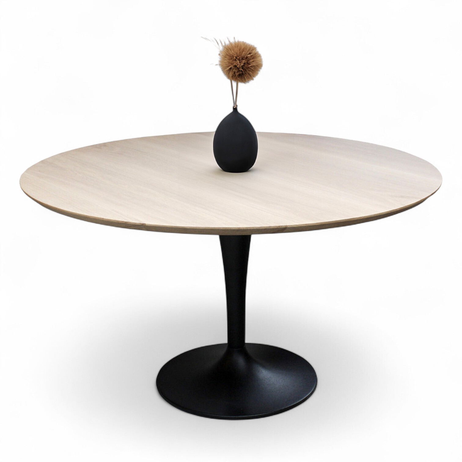 B1919_table ronde chêne blanchi bois massif bord biseauté pied métal tulipe noir made in france sur mesure PIROTAIS