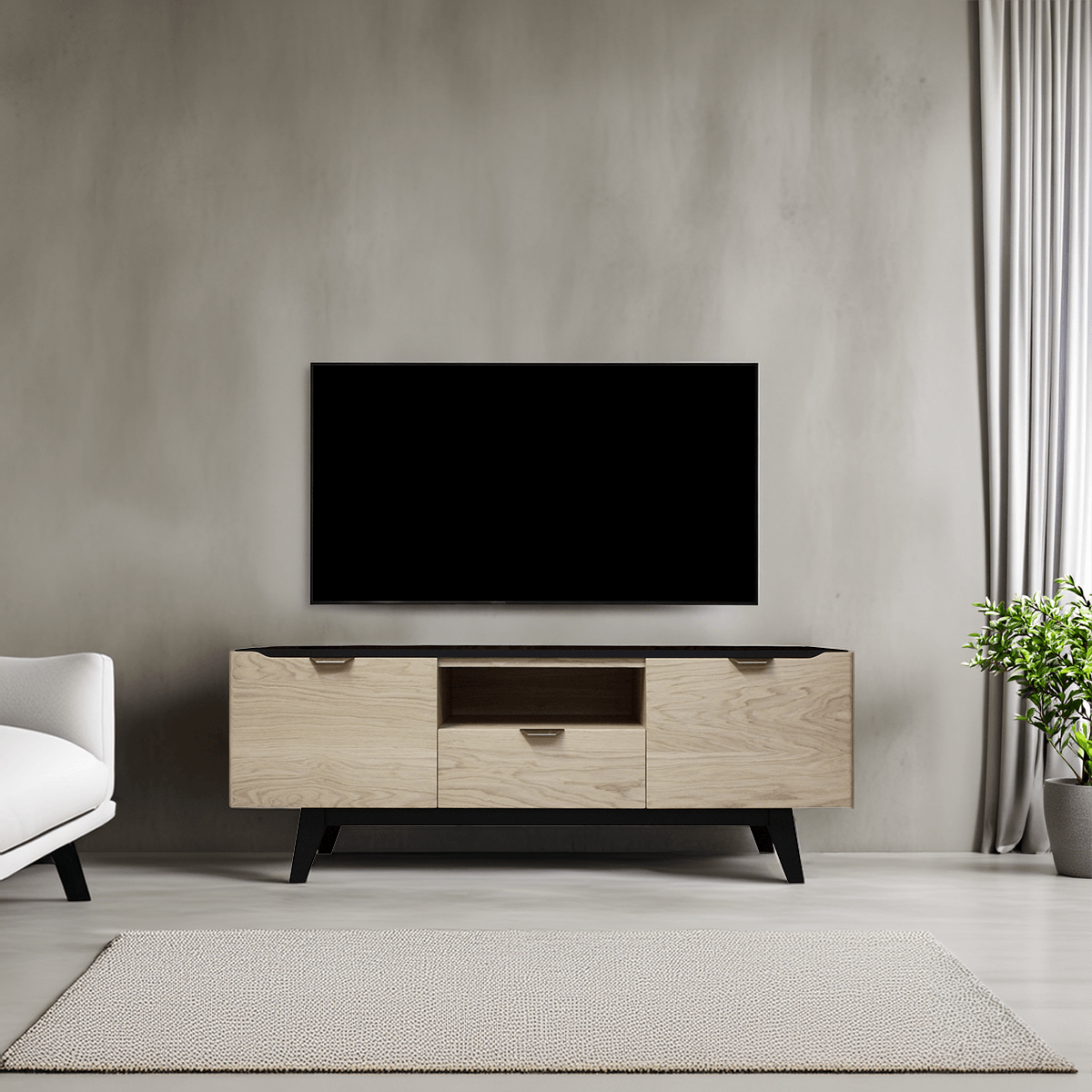 B2285_ BUFFET TV 2 portes 1 tiroir 1 niche_BRIDGE CHENE pied slim laqué balustrade poignée métal noir made in bretagne 1200