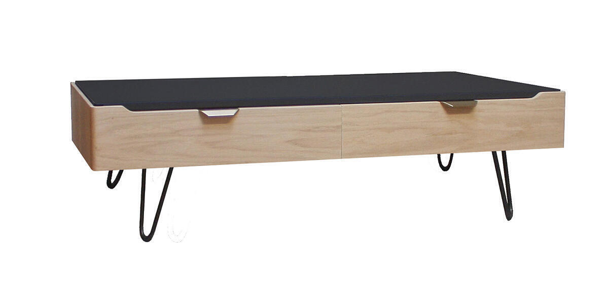 B2561_Table basse 2 tiroirs chêne blanchi bois massif laqué noir poignée dorée cuivrée pied métal épingle étagères bois fabrication française Rennes