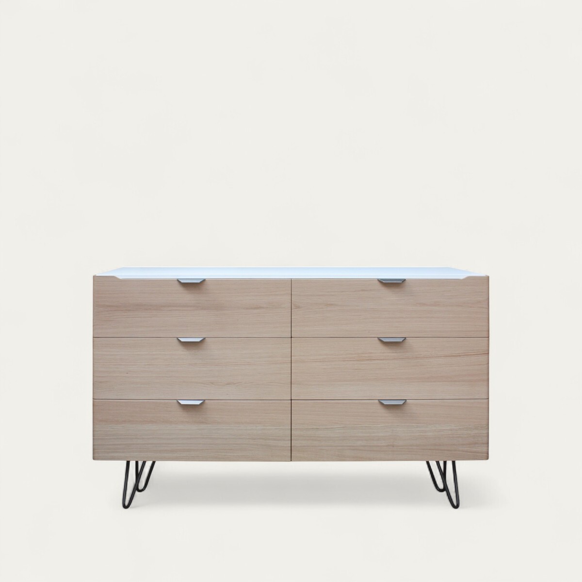 B3364 commode 6 tiroirs chêne blanchi et laqué blanc pied épingle noir poignée dorée sur mesure made in bretagne Fougères Rennes