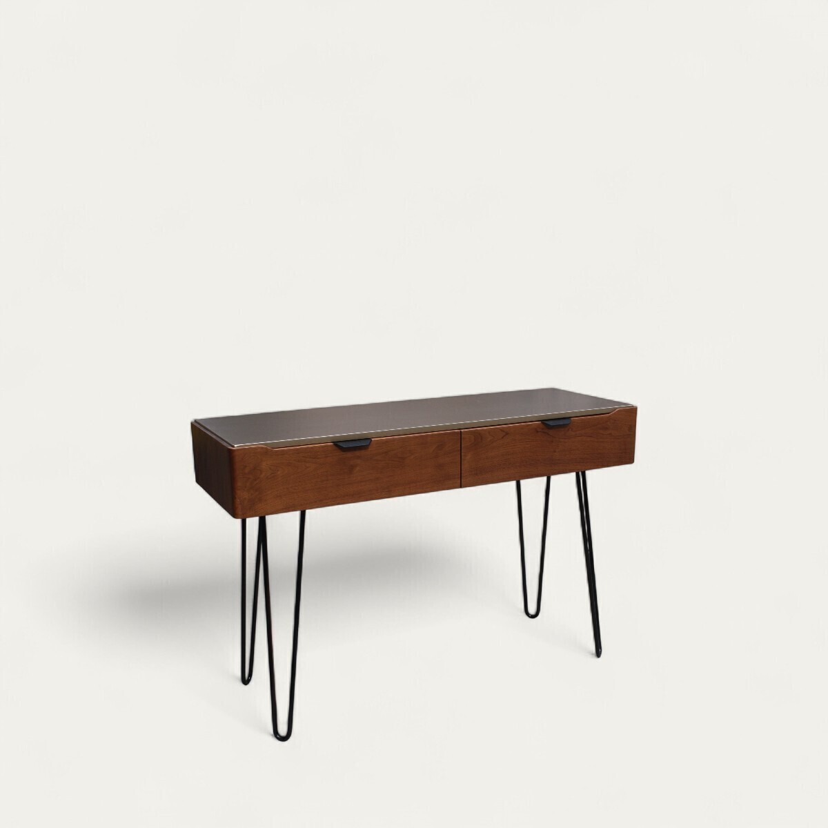 B3420_Console 2 tiroirs noyer naturel bois massif laqué doré metallisé poignée bec noir pied métal épingle fabrication française Rennes Pirotais sur mesure