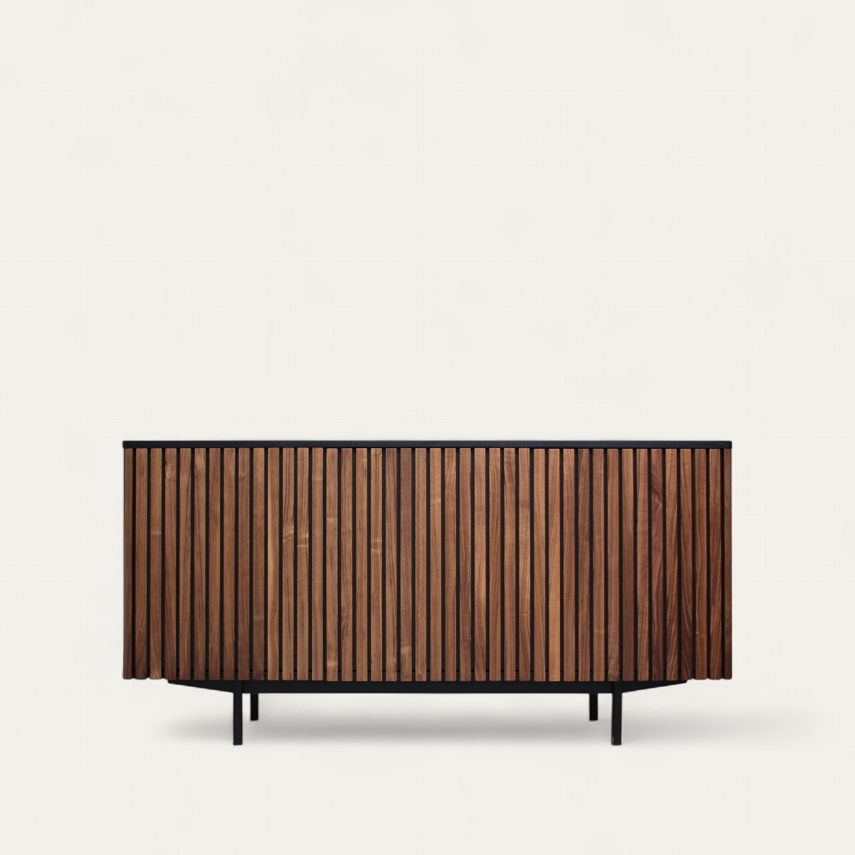 Buffet 3 portes push pull tasseaux Noyer naturel et wengé noir piétement métal bateau noir