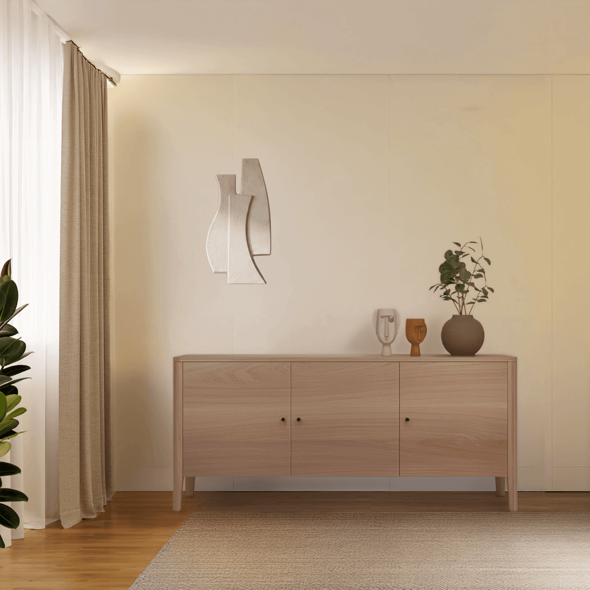Buffet Dolce 3 portes chêne blanchi pieds et coins arrondis