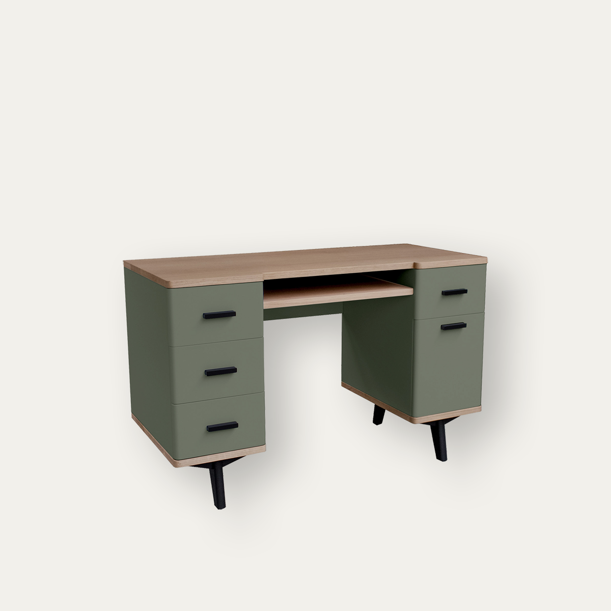 Bureau cooper chêne blanchi laqué vert sauge 4 tiroirs 1 porte made in bretagne sur mesure personnalisable