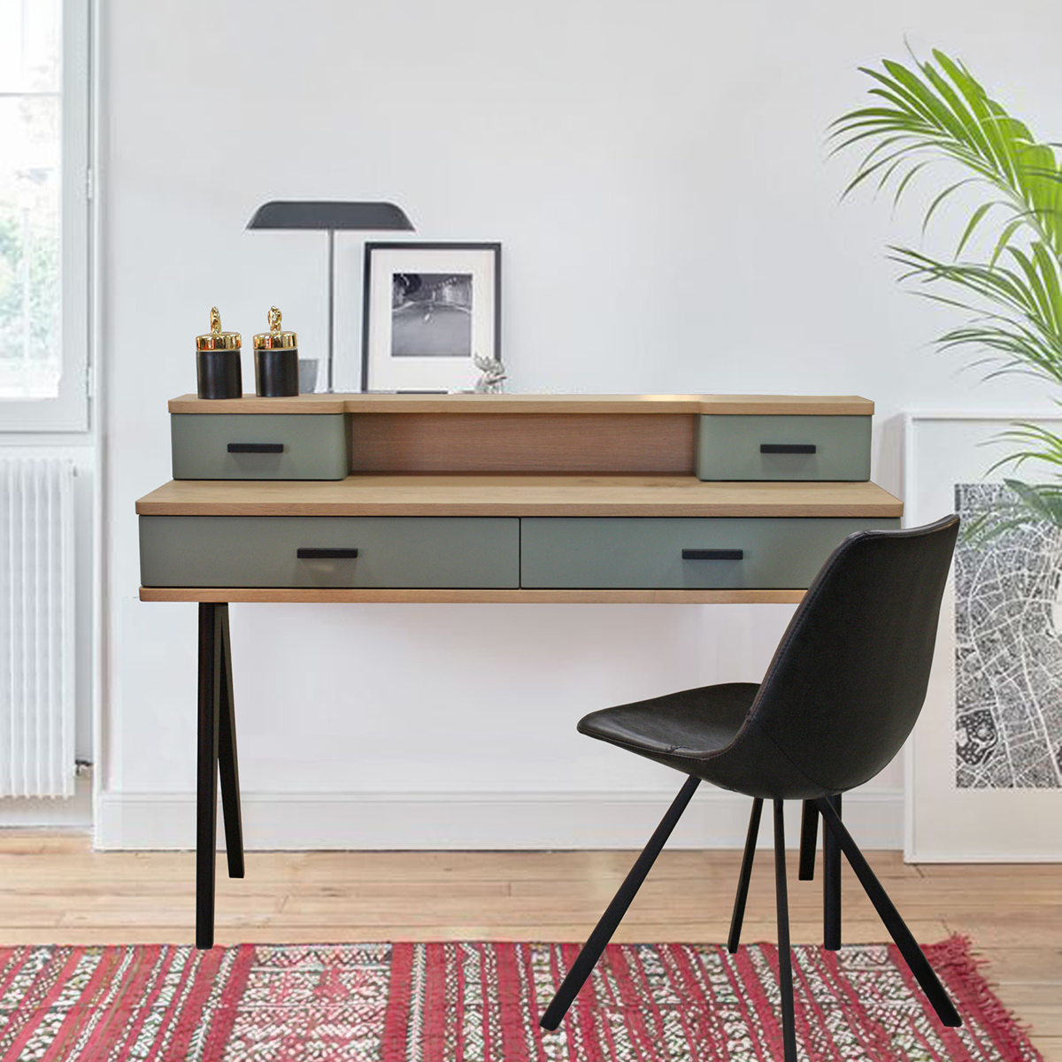 Bureau cooper chêne blanchi laqué vert sauge 4 tiroirs made in bretagne sur mesure personnalisable