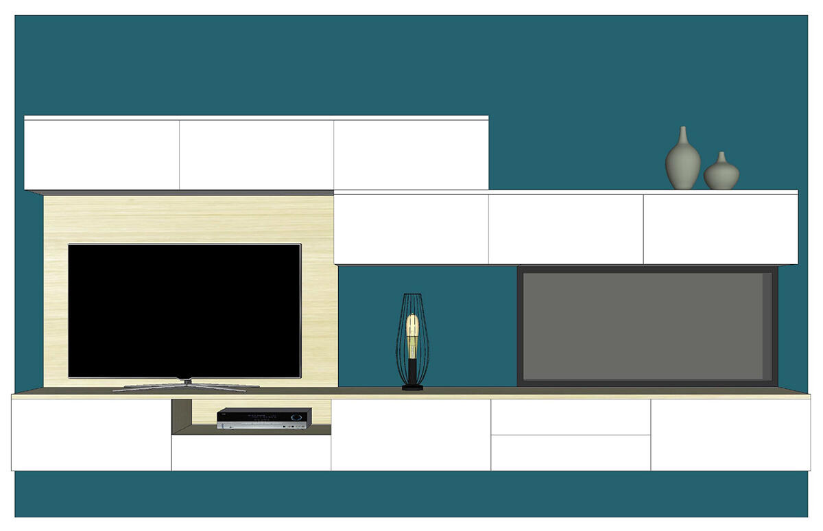 Composition murale TV en suspension portes abattantes relevantes tiroirs chêne blanchi laqué blanc