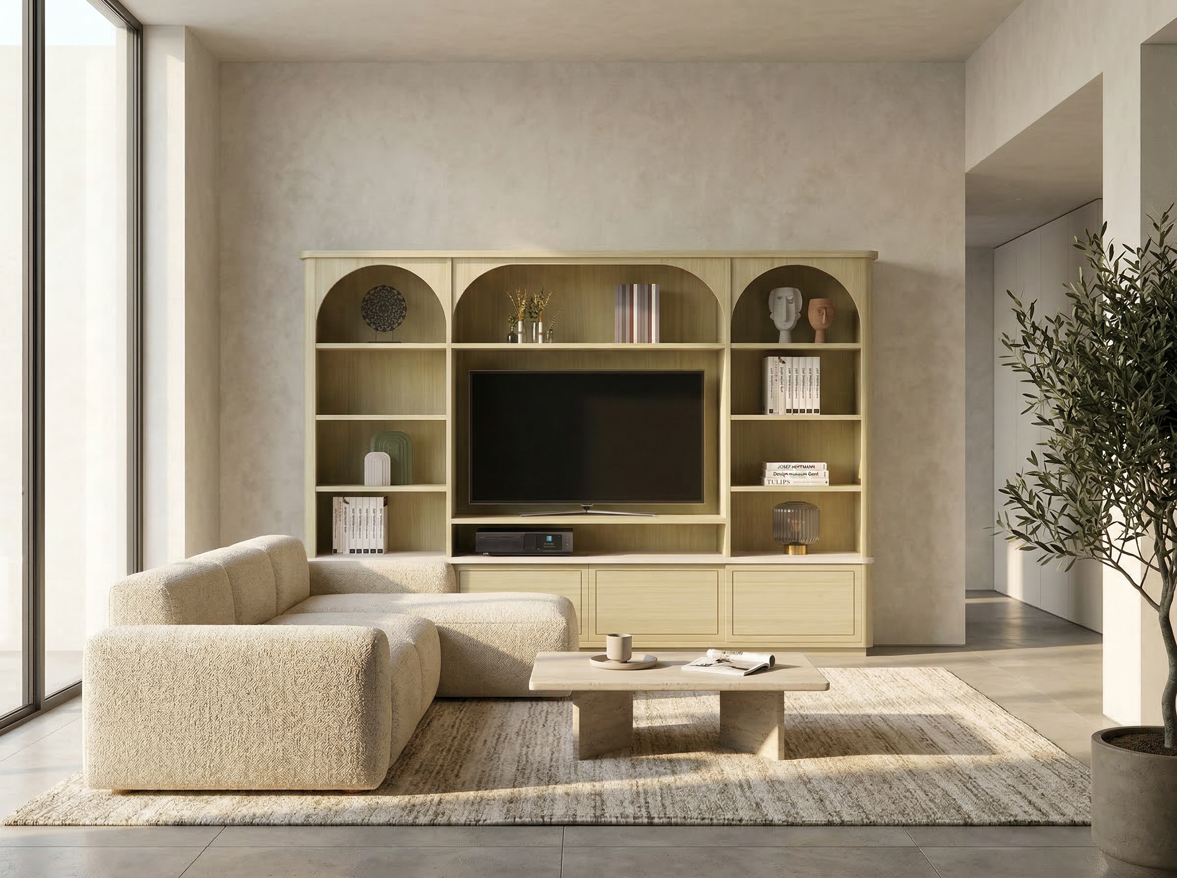 D1480 Bibiothèque TV avec arches angles arrondis dessus débordant chêne blanchi et laqué blanc sur mesure personnalisable fabrication artisanale