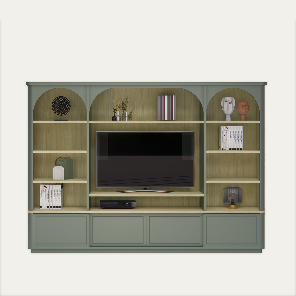 D1480 Composition murale TV chêne blanchi et laqué vert sauge arches angles arrondis dessus débordant socle en retrait