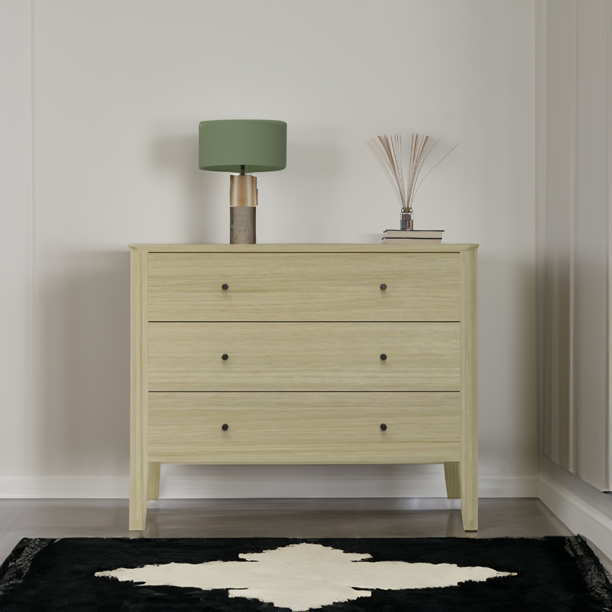 D3361_Commode 3 tioirs bouton rond métal noir chene blanchi pieds et plateau arrondis personnalisable sur mesure made in bretagne