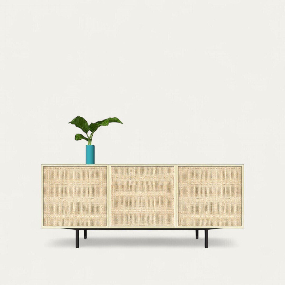 E1160_Buffet chêne blanchi bois massif et rotin 3 portes push pull pied métal bateau noir personnalisable made in bretagne fabrication artisanale pirotais